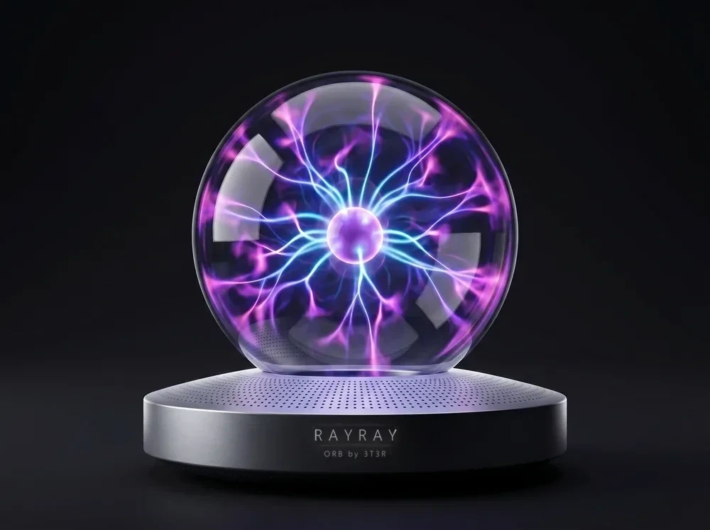 RAYRAY three-quarter view, plasma bursting into bright filaments as RAYRAY speaks
