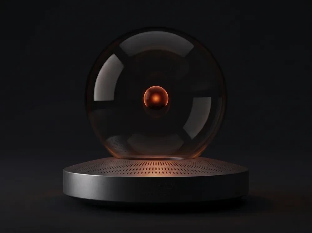 RAYRAY idle in a dark room, the discharge collapsed to a single warm ember at the centre of the glass