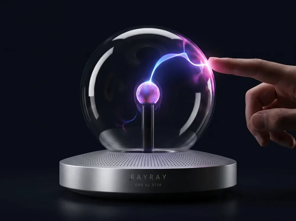RAYRAY side view, a plasma tendril reaching toward a fingertip on the glass